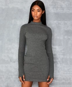 Trendy & Unique Trendy High Neck Cut Out Long Sleeve Rib Knit Mini Dress - Dark Gray What's New