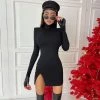 Trendy & Unique Trendy High Neck Long Sleeve Front Slit Party Mini Dress - Black What's New