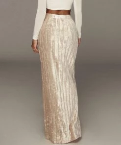 Trendy & Unique Trendy High Slit High Waist Velvet Pleated Maxi Skirt - Beige What's New