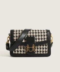 Trendy & Unique Trendy Houndstooth Print Golden Buckled Flap Front Shoulder Bag - Black What's New