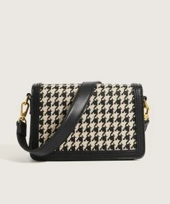 Trendy & Unique Trendy Houndstooth Print Golden Buckled Flap Front Shoulder Bag - Black What's New