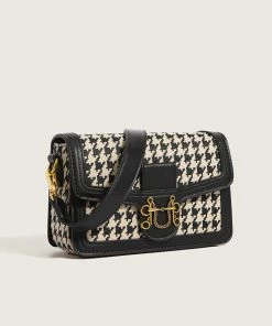 Trendy & Unique Trendy Houndstooth Print Golden Buckled Flap Front Shoulder Bag - Black What's New