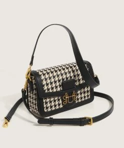 Trendy & Unique Trendy Houndstooth Print Golden Buckled Flap Front Shoulder Bag - Black What's New