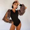 Trendy & Unique Trendy Leopard Print Panel V Neck Puff Sleeve Bodysuit - Black
