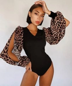 Trendy & Unique Trendy Leopard Print Panel V Neck Puff Sleeve Bodysuit - Black