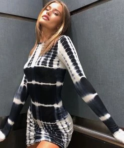 Trendy & Unique What's New Trendy Mélange Tie Dye Bodycon Long Sleeve Mini Dress - Black