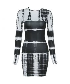 Trendy & Unique What's New Trendy Mélange Tie Dye Bodycon Long Sleeve Mini Dress - Black
