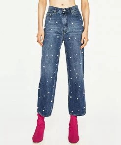 Trendy & Unique What's New Trendy Peal Trim High Waist Faded Wide Leg Jeans - Dark Blue