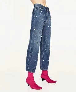 Trendy & Unique What's New Trendy Peal Trim High Waist Faded Wide Leg Jeans - Dark Blue