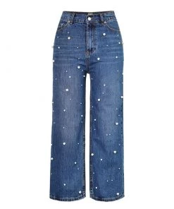 Trendy & Unique What's New Trendy Peal Trim High Waist Faded Wide Leg Jeans - Dark Blue