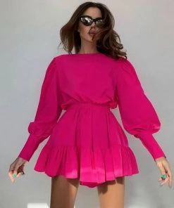 Trendy & Unique Trendy Puff Sleeve Gathered Waist Ruffle Smock Mini Dress - Hot Pink