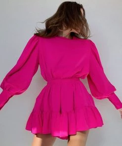 Trendy & Unique Trendy Puff Sleeve Gathered Waist Ruffle Smock Mini Dress - Hot Pink