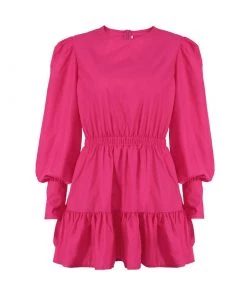 Trendy & Unique Trendy Puff Sleeve Gathered Waist Ruffle Smock Mini Dress - Hot Pink