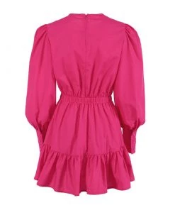 Trendy & Unique Trendy Puff Sleeve Gathered Waist Ruffle Smock Mini Dress - Hot Pink