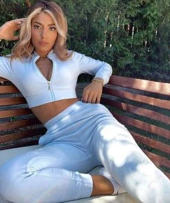 Trendy & Unique Trendy Rhinestone Velvet Crop Hoodie Pant Matching Set - Blue