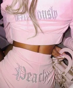 Trendy & Unique Trendy Rhinestone Velvet Crop Hoodie Pant Matching Set - Pink What's New