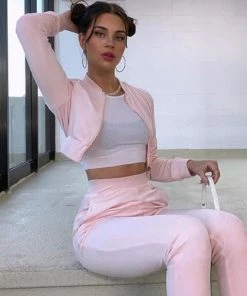 Trendy & Unique Trendy Rhinestone Velvet Crop Hoodie Pant Matching Set - Pink What's New