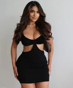 Trendy & Unique Trendy Ribbed Deep V Neck Cut Out Party Mini Dress - Black