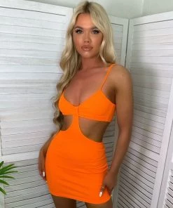 Trendy & Unique Trendy Ribbed Deep V Neck Cut Out Party Mini Dress - Burnt Orange What's New