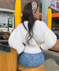 Trendy & Unique Trendy Round Neck Bishop Sleeve Crop Pullover Sweater - White What's New