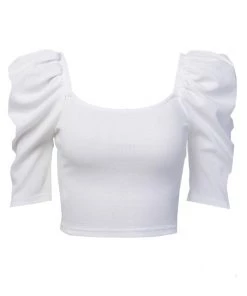 Trendy & Unique Trendy Ruched Puff Sleeve Cropped Ribbed Pullover Sweater - Beige What's New