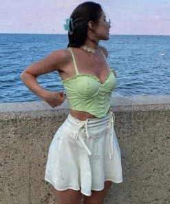 Trendy & Unique Trendy Ruffle Edge Bustier Button Trim Crop Corset Top - Green