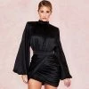 Trendy & Unique Trendy Satin High Neck Balloon Sleeve Party Mini Dress - Black What's New