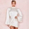 Trendy & Unique What's New Trendy Satin High Neck Balloon Sleeve Party Mini Dress - White