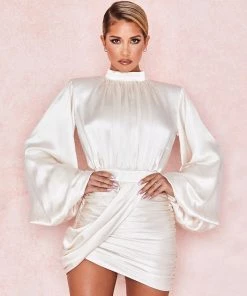 Trendy & Unique What's New Trendy Satin High Neck Balloon Sleeve Party Mini Dress - White