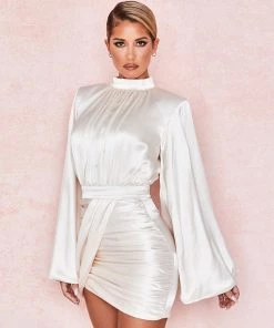 Trendy & Unique What's New Trendy Satin High Neck Balloon Sleeve Party Mini Dress - White