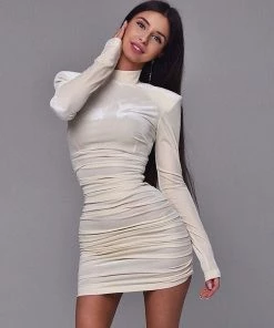 Trendy & Unique Trendy Shoulder Pad High Neck Long Sleeve Velvet Mini Dress - Apricot