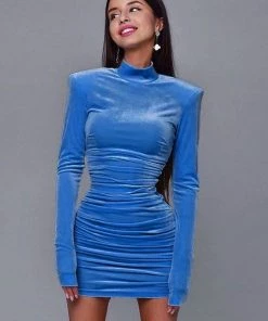 Trendy & Unique Trendy Shoulder Pad High Neck Long Sleeve Velvet Mini Dress - Blue