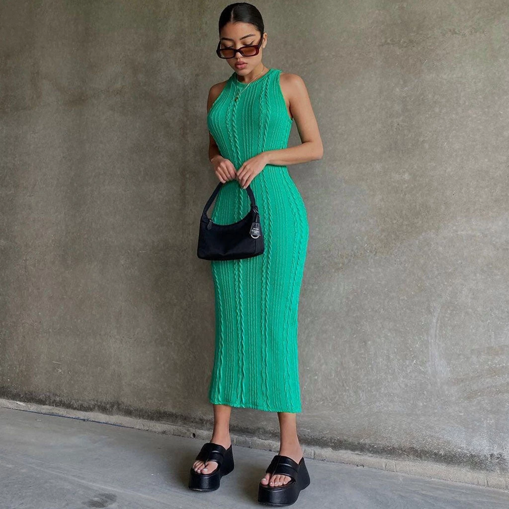 Trendy & Unique What's New Trendy Sleeveless Round Neck Cable Knit Midi Dress - Green 3 Trendy & Unique What's New Trendy Sleeveless Round Neck Cable Knit Midi Dress - Green