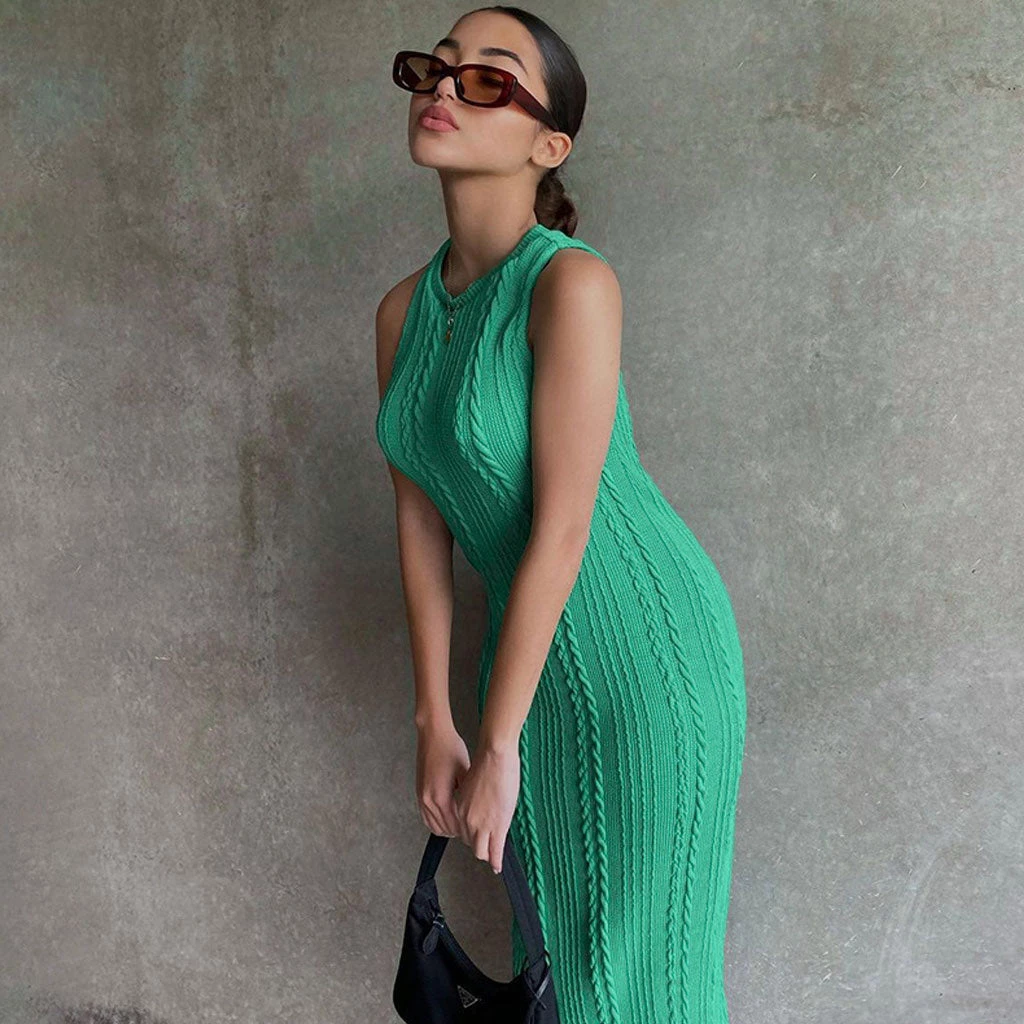 Trendy & Unique What's New Trendy Sleeveless Round Neck Cable Knit Midi Dress - Green 4 Trendy & Unique What's New Trendy Sleeveless Round Neck Cable Knit Midi Dress - Green