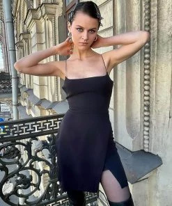 Trendy & Unique Trendy Spaghetti Strap Front Slit Bodycon Party Mini Dress - Black What's New
