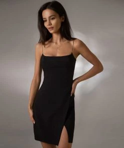 Trendy & Unique Trendy Spaghetti Strap Front Slit Bodycon Party Mini Dress - Black What's New