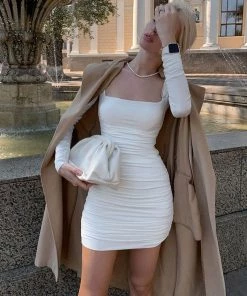 Trendy & Unique Trendy Square Neck Long Sleeve Ruched Party Mini Dress - White What's New