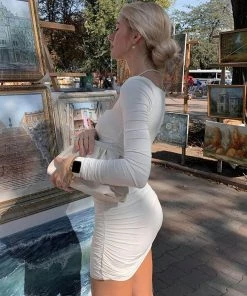 Trendy & Unique Trendy Square Neck Long Sleeve Ruched Party Mini Dress - White What's New