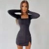 Trendy & Unique Trendy Square Neck Long Sleeve Slit Rib Knit Mini Dress - Black What's New