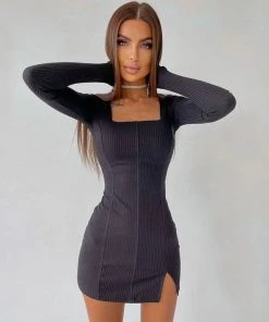 Trendy & Unique Trendy Square Neck Long Sleeve Slit Rib Knit Mini Dress - Black What's New