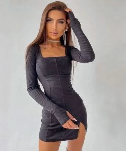 Trendy & Unique Trendy Square Neck Long Sleeve Slit Rib Knit Mini Dress - Black What's New