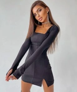 Trendy & Unique Trendy Square Neck Long Sleeve Slit Rib Knit Mini Dress - Black What's New