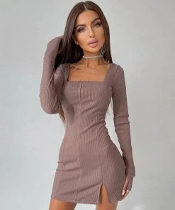 Trendy & Unique Trendy Square Neck Long Sleeve Slit Rib Knit Mini Dress - Coffee