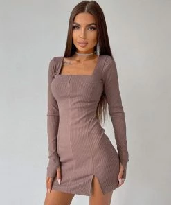 Trendy & Unique Trendy Square Neck Long Sleeve Slit Rib Knit Mini Dress - Coffee