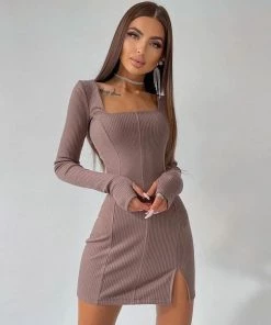 Trendy & Unique Trendy Square Neck Long Sleeve Slit Rib Knit Mini Dress - Coffee