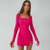 Trendy & Unique What's New Trendy Square Neck Long Sleeve Slit Rib Knit Mini Dress - Rose