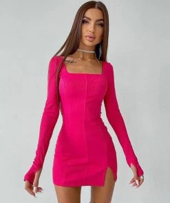 Trendy & Unique What's New Trendy Square Neck Long Sleeve Slit Rib Knit Mini Dress - Rose