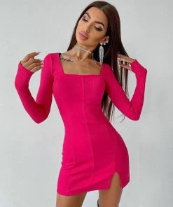 Trendy & Unique What's New Trendy Square Neck Long Sleeve Slit Rib Knit Mini Dress - Rose