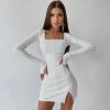 Trendy & Unique What's New Trendy Square Neck Long Sleeve Slit Rib Knit Mini Dress - White