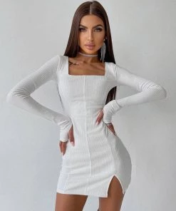 Trendy & Unique What's New Trendy Square Neck Long Sleeve Slit Rib Knit Mini Dress - White